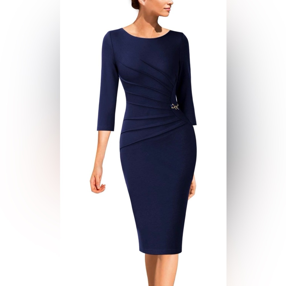Elegant Navy Sheath Dress with Ruching Detail